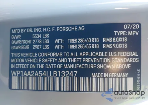 2020 Porsche Macan из США, поврежденный, VIN WP1AA2A54LLB13247